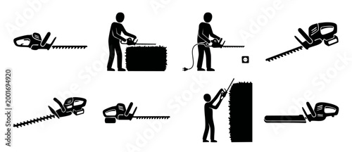 Hedge Trimmer Icon Set, Electric Tool Person Gardening Silhouette. Garden maintenance symbols for landscaping, pruning bushes and professional shrub trimming equipment isolated on white background vec