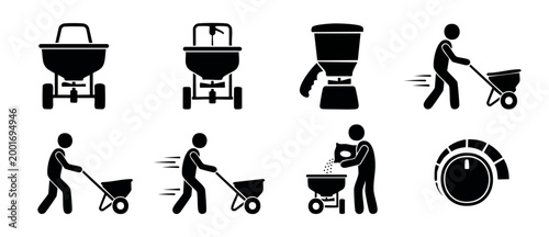 Broadcast Spreader Icon Set, Fertilizer Spreader Vector Symbols for Lawn Care and Gardening Tools, Manual Seed Spreader Pictograms for Agriculture and Turf Management, Black Silhouette Graphics Collec