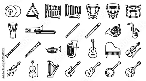 Black and white vector illustration set of musical instruments icons