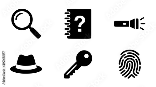 Set of detective investigation vector icons for mystery solving projects