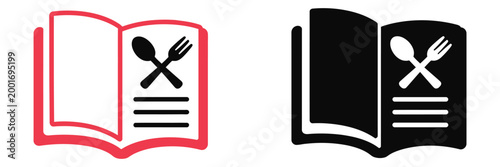 Menu and cookbook icon set with crossed utensils and book symbols, spoon and fork inside book, modern flat vector illustration for cooking, recipes and app design.