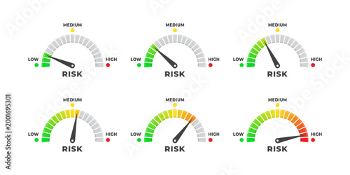 vector illustration of Risk Level Gauges and Meters Set Showing Low to High Indicators for Business, Finance and Safety.