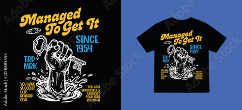 Managed to get it typography with distorted hand holding the key for fashion graphics, streetwear, hoodie, t-shirt prints, and more