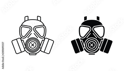 Gas mask icon with filter in black and white vector style for safety and apocalypse themed graphic design