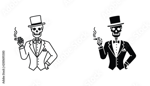 Dapper skeleton character wearing top hat and tuxedo smoking cigar vector illustration in black and white styles