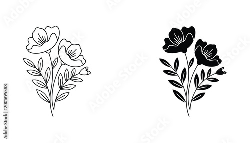 Delicate wildflower bouquet with two main flowers and small leaves in clean vector line art