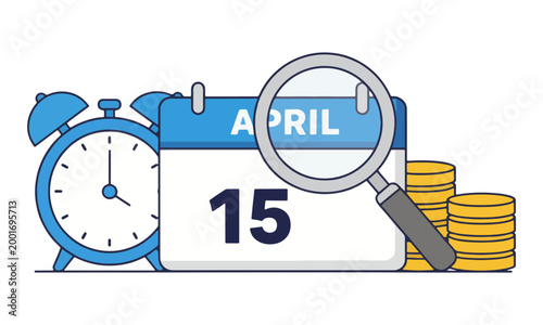 Tax Day Calendar Showing April 15 with Clock and Money Coins