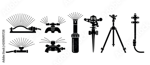 Garden sprinkler system icon set, lawn irrigation equipment collection, water spray tools for agriculture and yard maintenance, black silhouette vector graphics isolated on white background for landsc