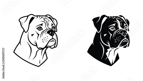 Boxer dog head profile set featuring detailed line art and solid black silhouette for pet shop or veterinary clinic branding
