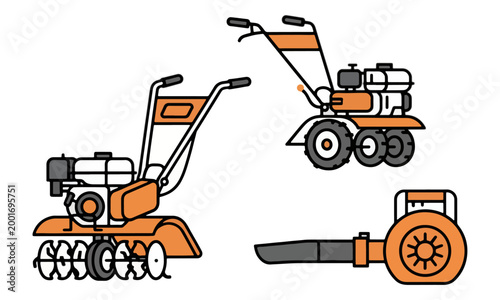 Garden Tiller Cultivator and Leaf Blower Vector Illustrations
