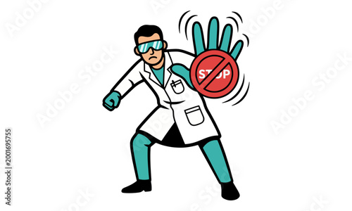 Scientist showing stop sign gesture with giant hand illustration