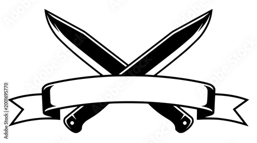 Crossed machete blades with a blank vintage ribbon graphic design