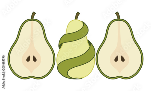 Pear halves and whole fruit with spiral peel graphic