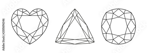 Cushion, Heart, Trillion diamond cut shape icon. Brilliant Cushion, Heart, triangular modified cut pattern. Precious gemstone outline sample for jewellery design, branding, packaging, logo, web, app.