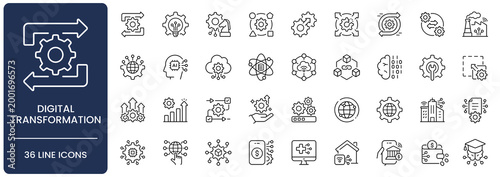 Digital transformation line icon set. Collection of modernization, business innovation, cloud computing, automation and industry 4.0 outline vector symbols with editable stroke.