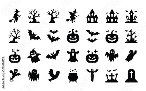 Halloween themed silhouettes collection showcasing spooky icons like witches flying with broomsticks haunted houses with eerie windows jack o' lanterns glowing with carved faces