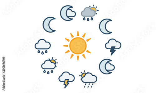 Weather Forecast Icon Set Cycle in Flat Vector Style