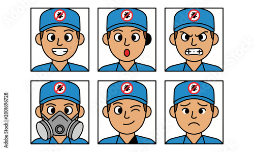 Pest control technician character with various facial expressions