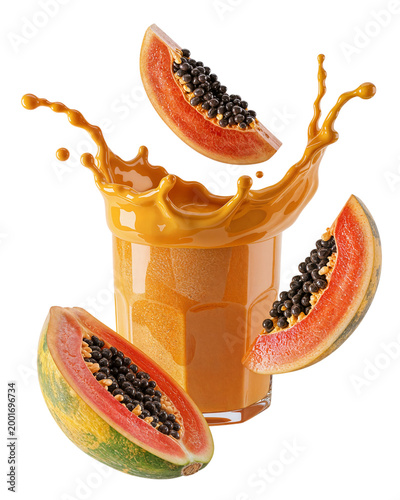 Papaya juice splash with floating papaya on transparent background