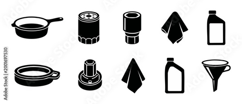Auto Repair Icons Set, Automotive Maintenance Tools and Supplies, Car Service Equipment Vector Silhouettes, Oil Change and Mechanical Workshop Elements, Black Flat Symbols for Garage and Mechanics Gui