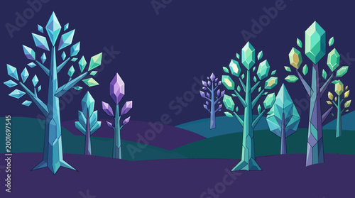Vibrant trees with colorful leaves grow on a purple landscape at night