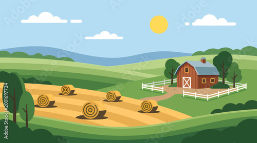 A sunny farm landscape with a barn and hay bales in a green field under a blue sky