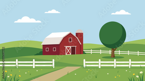 A serene rural landscape with a red barn, white fence, and tree under a clear blue sky with clouds.