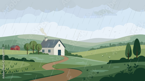 A serene landscape with a house and a winding road under a rainy sky in the countryside on a rural day