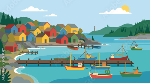 Illustration of a serene coastal village with boats docked near colorful houses