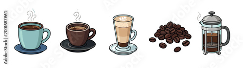 Collection of colorful hand-drawn coffee icons featuring a steaming mug, espresso cup, latte macchiato, roasted beans, and a French press maker in a neat horizontal row