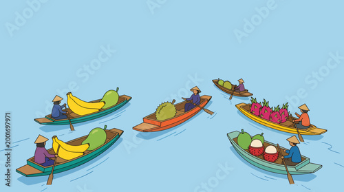 People transport fresh produce on colorful boats across serene water