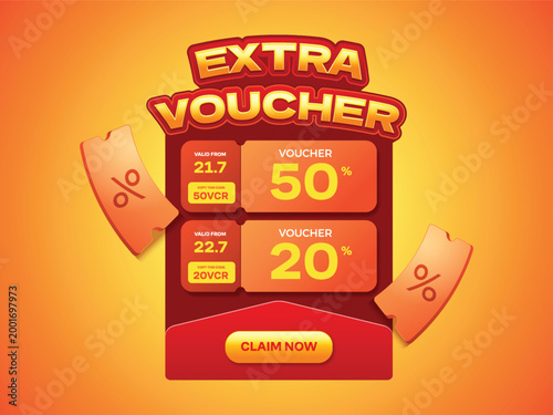 Extra voucher pop up banner with flying voucher for promotion e-commerce design.