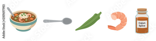 Set of Cajun food illustrations showing gumbo soup in a bowl with a spoon, okra, shrimp, and a jar of spice seasoning in a flat vector style