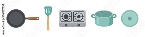 Set of kitchen cooking equipment icons including a frying pan, spatula, portable stove, pot, and lid, presented in a simple flat vector illustration style for culinary concepts