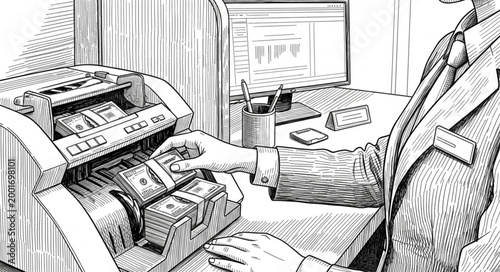 Bank teller counting money with a cash counting machine.