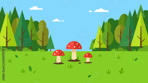 A serene forest scene with mushrooms growing in a lush green meadow surrounded by trees.