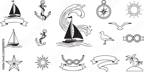 Nautical Sailing Marine Outline Icons Set Isolated on White Background