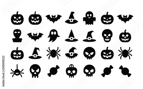 Creepy halloween themed silhouettes collection featuring jack o' lanterns witches ghosts bats spiders and skulls against a stark black background for eerie holiday designs