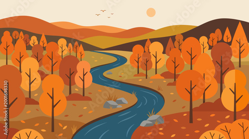 A serene landscape of a winding river flowing through an autumnal valley with trees and hills.