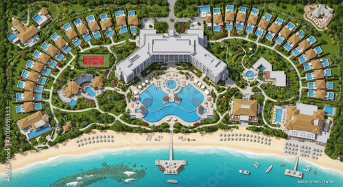Aerial View of a Luxury Tropical Resort on a Beach.