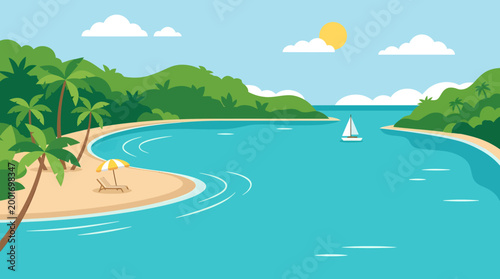 A serene tropical island scene with palm trees, sandy beach, and sailboat cruising on calm waters under sunny sky.