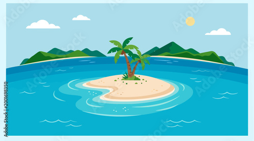 A serene tropical island with palm trees emerges from turquoise ocean waters under sunny skies.