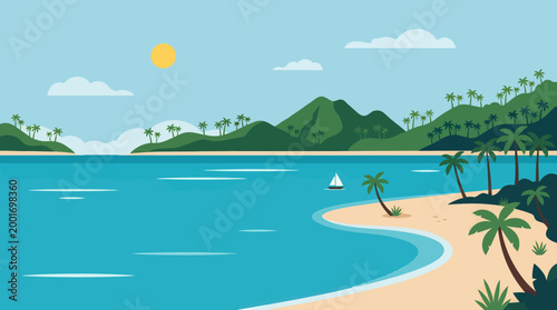 A serene tropical beach scene with palm trees, mountains, and a sailboat on calm waters under a sunny sky.