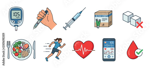 Collection of colorful line art icons for diabetes management, featuring a glucometer, insulin pen, healthy meal, exercise, and blood sugar monitoring symbols for healthcare concepts