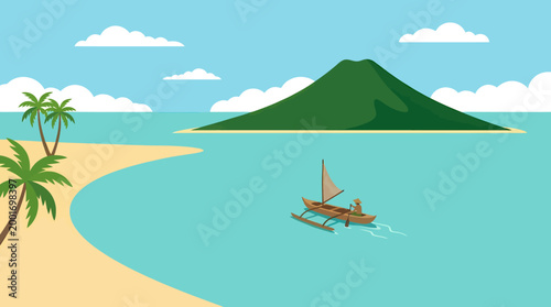 A serene tropical island scene with a boat sailing near a sandy beach and palm trees under a clear blue sky with white clouds.