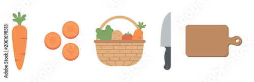 Set of cooking and vegetable illustrations featuring a whole carrot, round slices, a wicker basket of produce, a kitchen knife, and a wooden cutting board in a simple flat design
