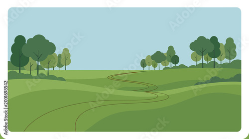 A serene landscape of rolling green hills with trees on a sunny day outdoors