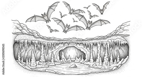 Bats flying out of a cave entrance at dusk illustration.