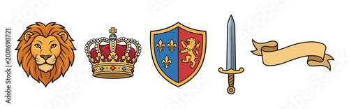 Set of five heraldic royal symbols including a lion head, jeweled crown, coat of arms shield, medieval sword, and a ribbon banner in a colorful cartoon illustration style