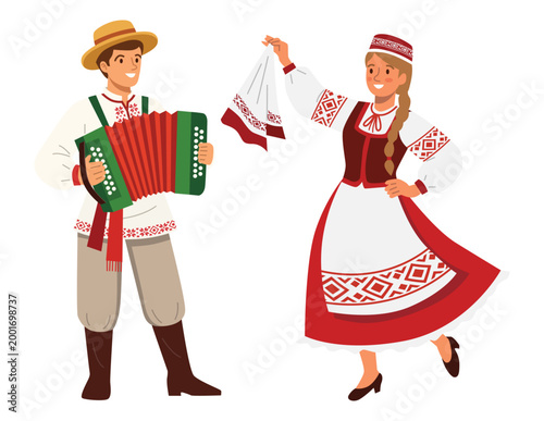 Belarusian Folk Dancers in Traditional National Costumes with Accordion